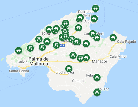 Mapa de Areas recreativas con fogones en Mallorca